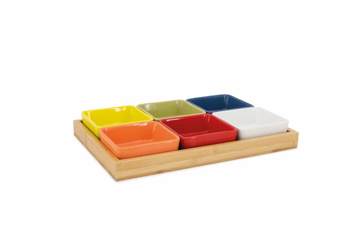 Bowl set with wooden tray no. 1, set of 7