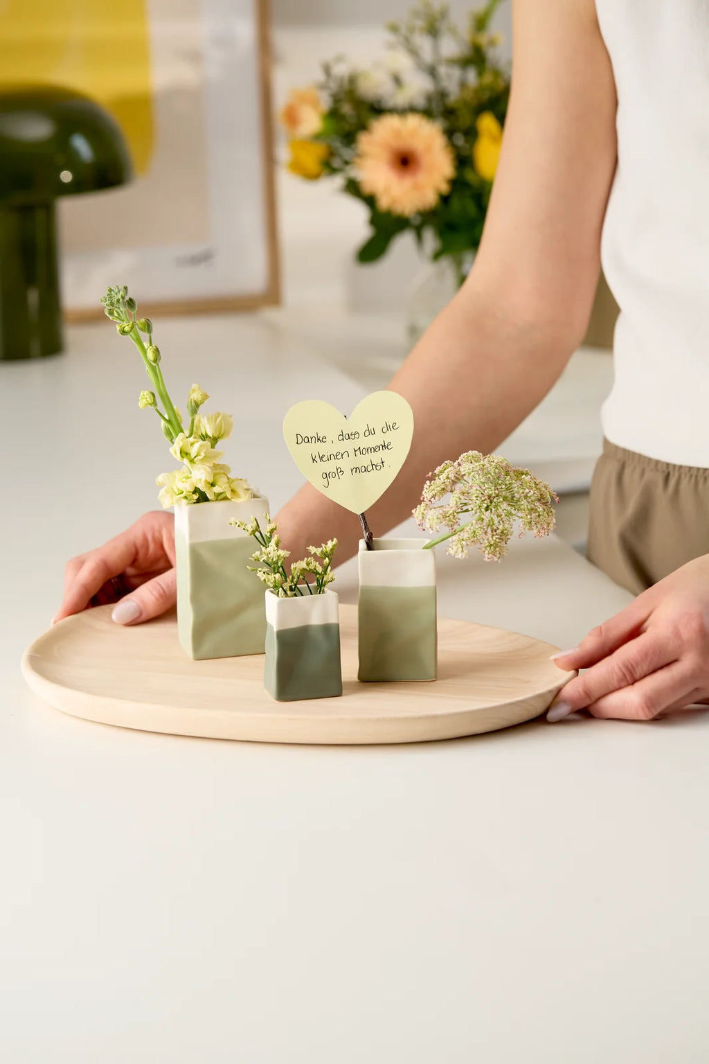 Vase mini porcelain bag green set of 3