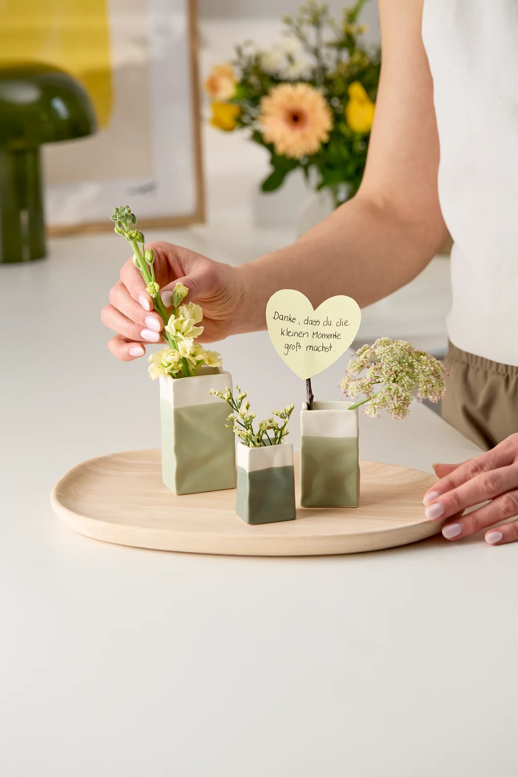 Vase mini porcelain bag green set of 3