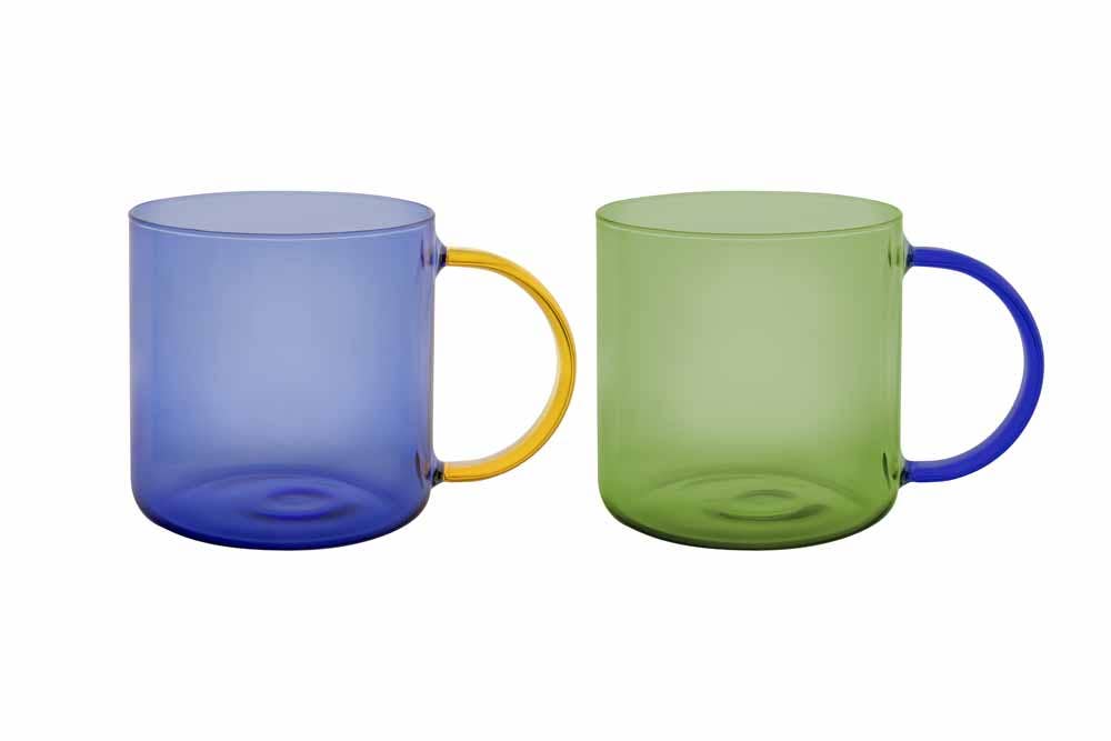 Glass mugs 'Fred' green-blue, set of 2